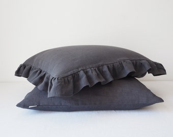 Charcoal linen pillow cover with ruffles. Handmade ruffled pillow case made of 100% European linen. Charcoal color.