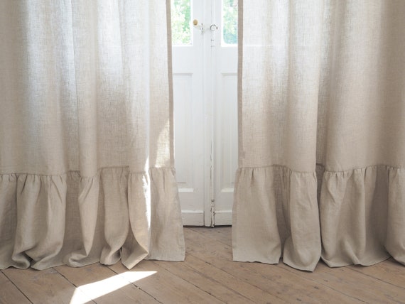 Linen Curtain Panel With Decorative Ruffle Custom Width And Linen Curtain Panel With Decorative, Curtain Panel Width