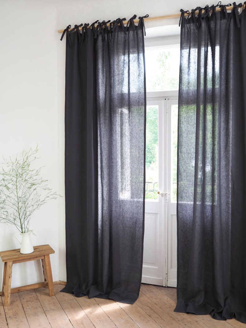 charcoal linen curtain with tie tops