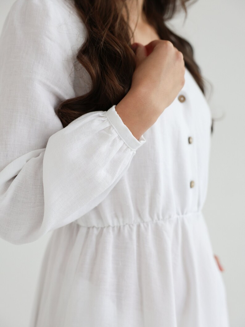 Boho linen dress in pure white color. linen dress camellia. image 7