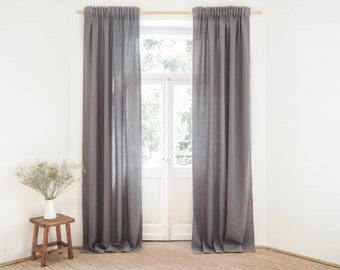 True gray heavy linen (280 g/m2) curtain panel with tape. pleating tape linen curtain. pencil pleat curtain / 1 pcs