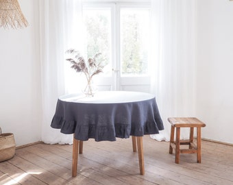 Charcoal Round Linen Tablecloth, Heavyweight Ruffle Tablecloth