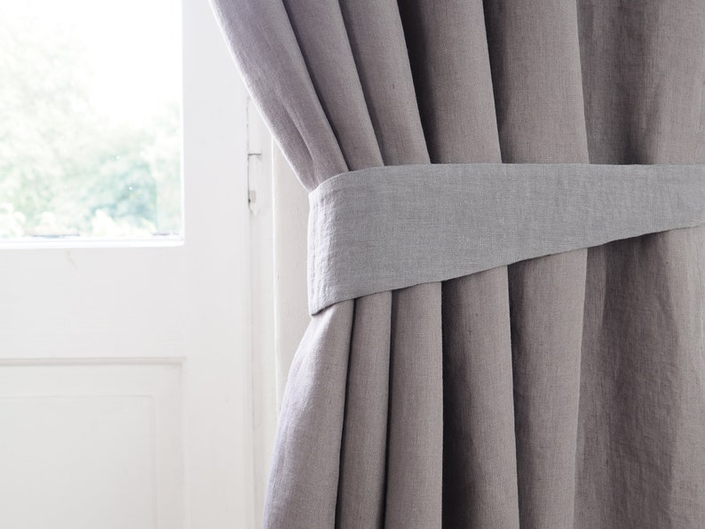Grey linen curtain tie back made of MEDIUM LINEN 160 g/m2. Etsy Polska