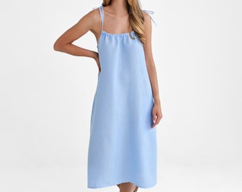 Abito midi blu in lino, prendisole estivo, modello reversibile