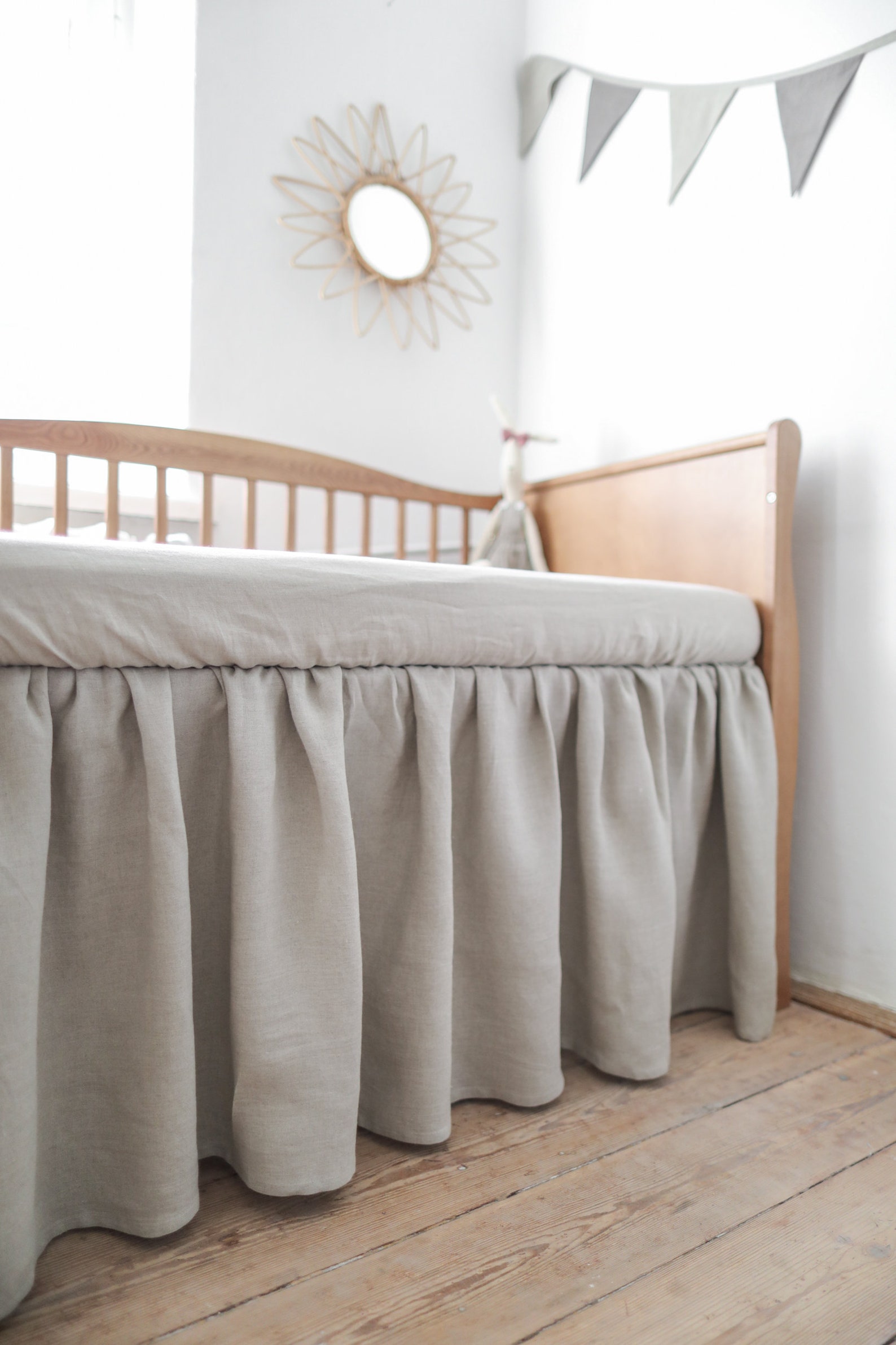 Linen Crib Skirt. Natural Gathered Skirt. Gender Neutral Nursery