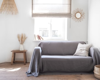 Heavy Linen Couch Cover, Gray Sofa Throw