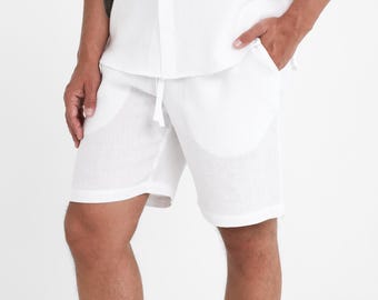 White Linen Mens Shorts, Sporty Summer Shorts