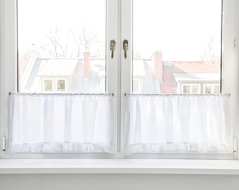Vit muslin linne cafégardin med volang, bohemisk köksgardin
