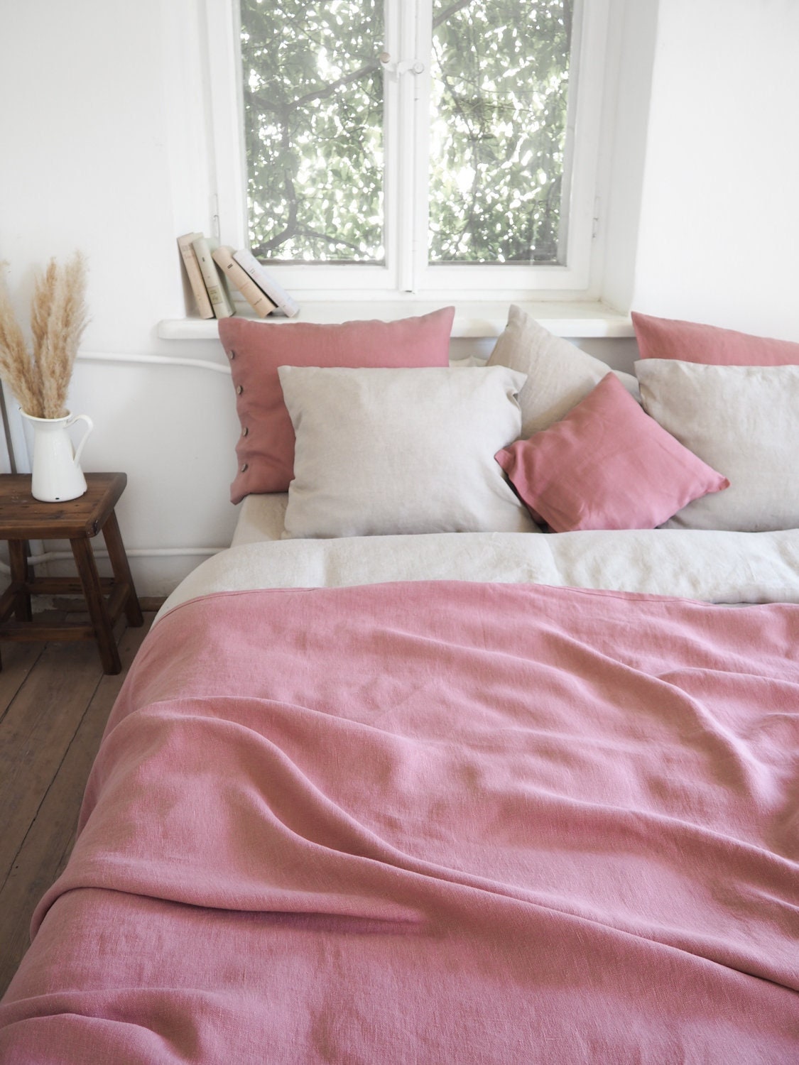 Dusty Pink Stonewashed Linen Blanket, Heavyweight Bedspread