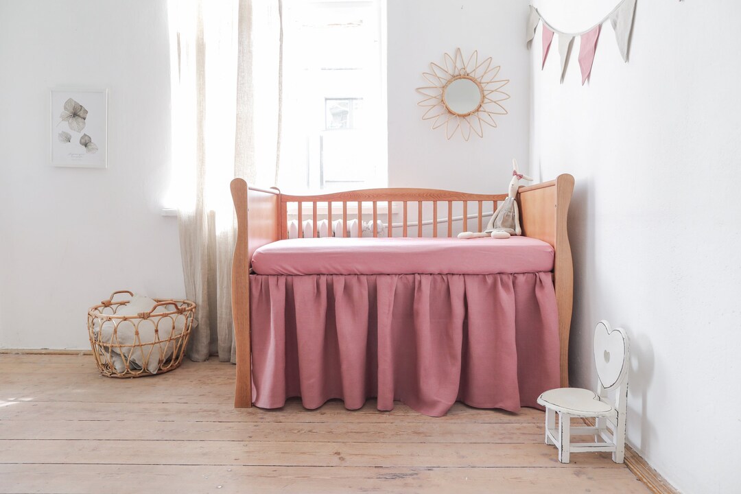 Linen Crib Skirt. Dusty Pink Gathered Skirt. Girl Nursery Crib Skirt