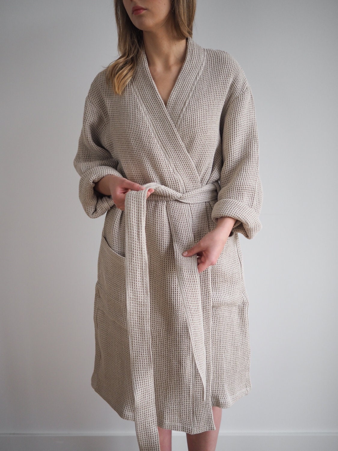 luxe badjas Kleding Gender-neutrale kleding volwassenen Pyjamas & Badjassen Jurken kimono badjas linnen spa badjas homewear cadeau voor haar Grijsgroene wafel linnen badjas voor hem klassieke linnen sauna badjas 