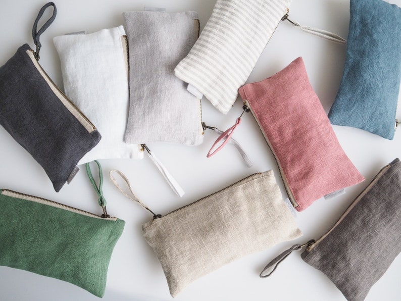 Minimalist linen makeup bag. sustainable linen makeup pouch in natural linen color. image 9