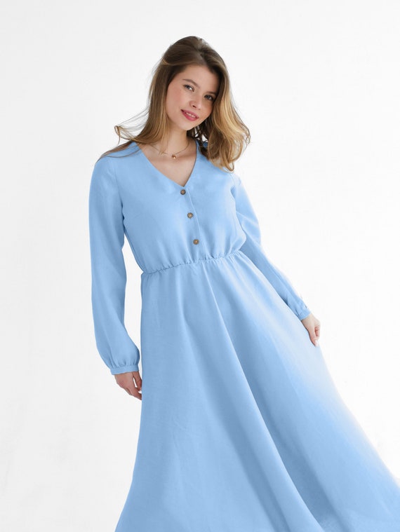 Boho Linen Dress in Blue Sky Color. Linen Dress Camellia. Etsy