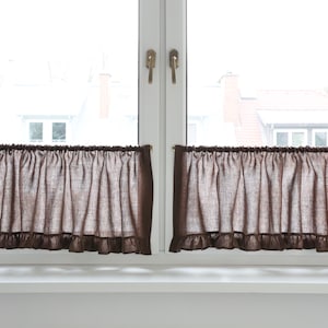Linen cafe curtains with a ruffle. Short kitchen curtains.