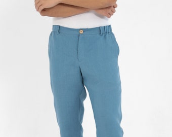 Linen pants men. Blue trousers. Mens fashion
