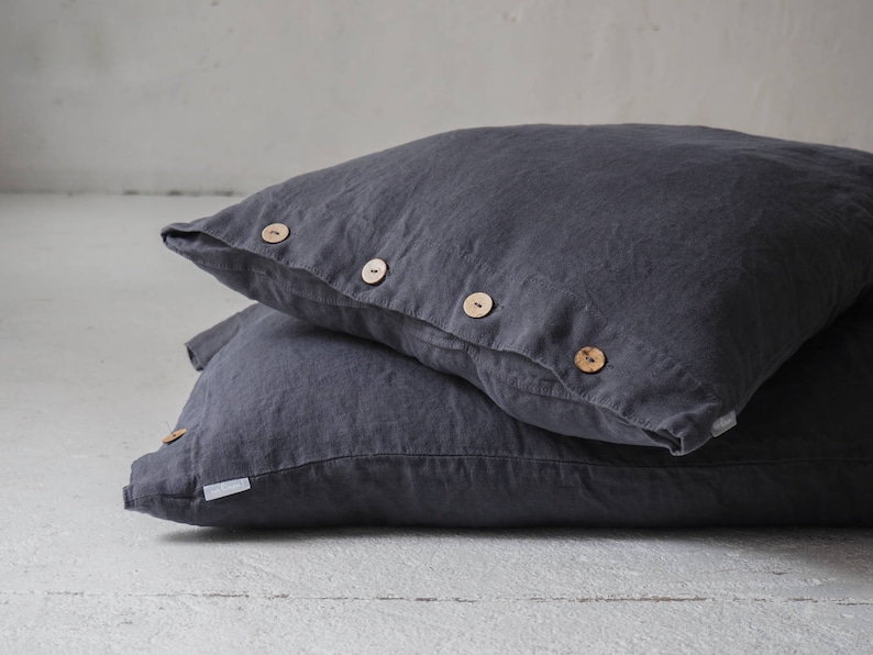 Deep charcoal linen pillow case with coconut buttons. Linen Etsy