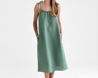 Green Linen Summer Dress, Midi Dress with Pockets