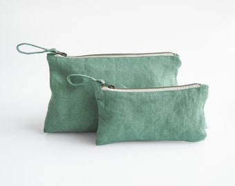 Natural Makeup Bag. Sustainable Linen Makeup Pouch in eucalyptus green color.