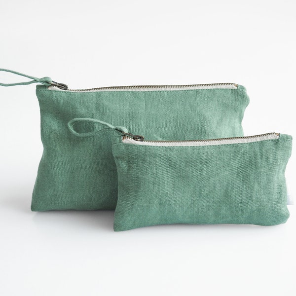 Natural Makeup Bag. Sustainable Linen Makeup Pouch in eucalyptus green color.