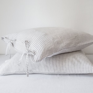 Gray stripes linen pillowcase tied with a bow, linen pillow cover