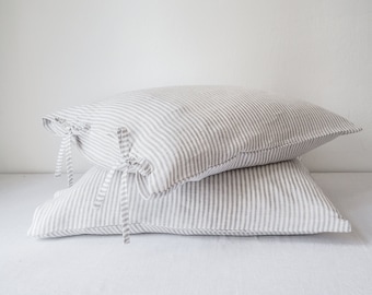 Gray stripes linen pillowcase tied with a bow, linen pillow cover