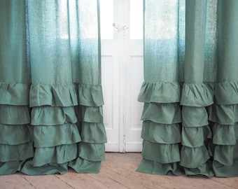 Panel de cortina de lino verde con volantes, estilo rústico, cortinas de lino mediano.