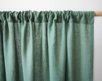 Green rod pocket linen curtain panel made of medium linen / 1 pcs