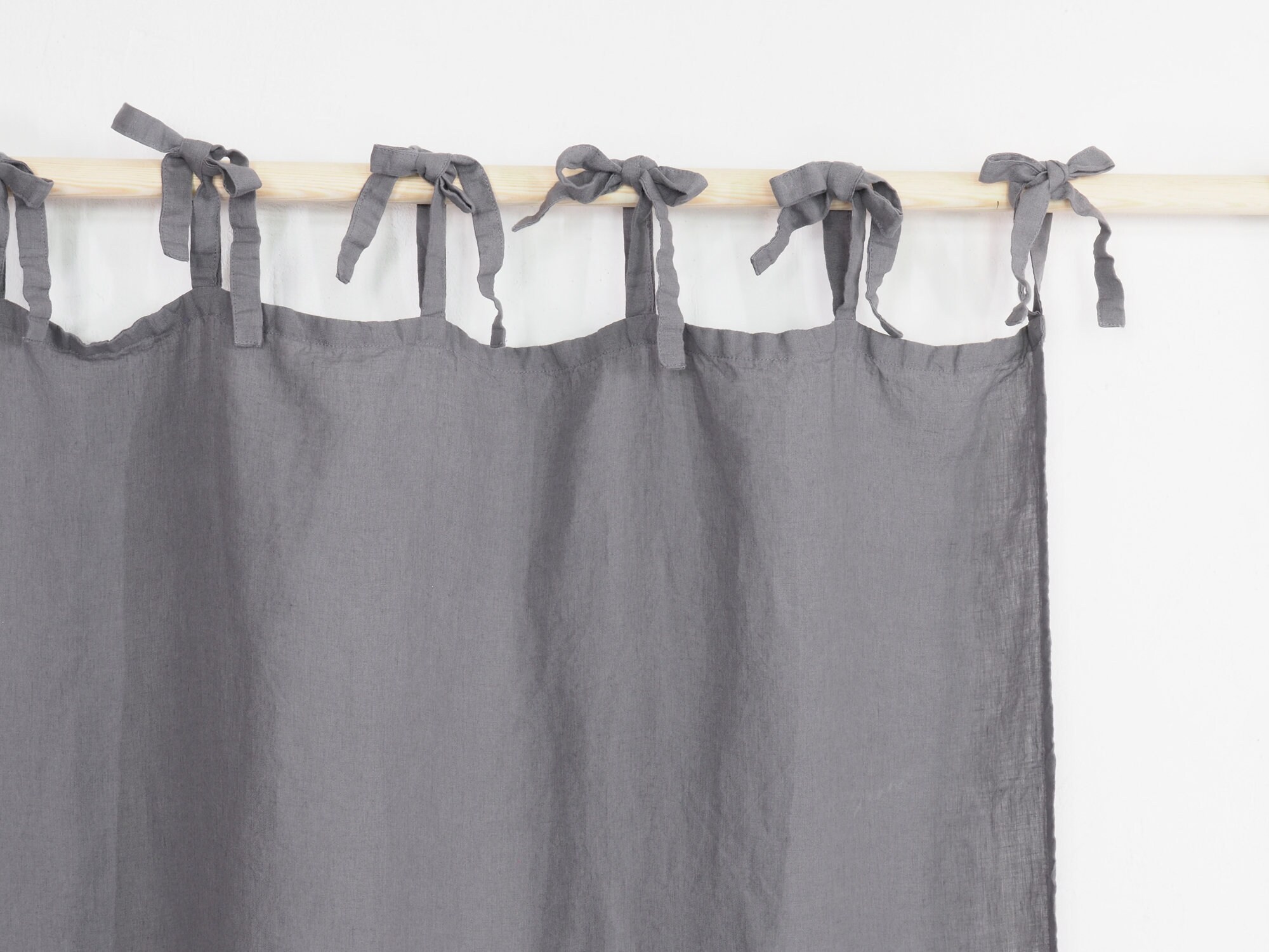 Gray linen curtains. Tie top curtain panel with ribbons. Etsy