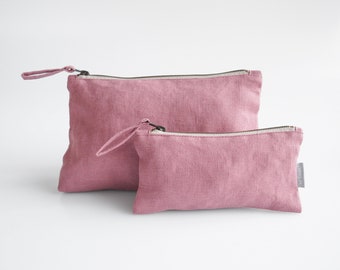 Borsa cosmetica in lino. Borsa per il trucco in lino di colore rosa antico.