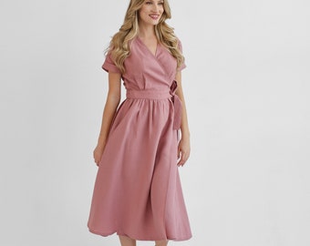 Dusty Pink Linen Wrap Dress, Tied Waist, Flared Skirt