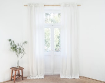 Pure white heavy linen (280 g/m2) curtain panel with tape. pleating tape linen curtain. pencil pleat curtain / 1 pcs