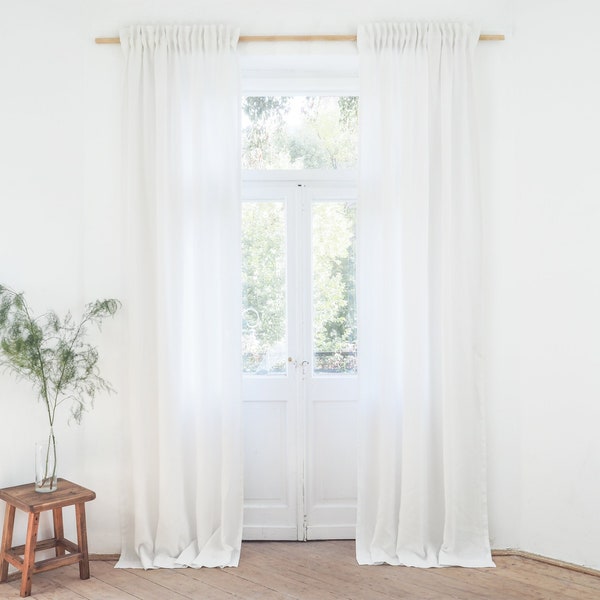 Pure white heavy linen (280 g/m2) curtain panel with tape. pleating tape linen curtain. pencil pleat curtain / 1 pcs