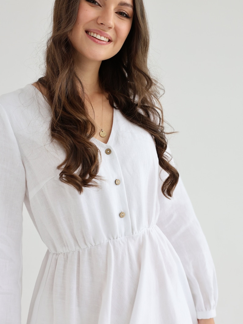 Boho linen dress in pure white color. linen dress camellia. image 2