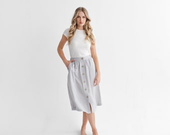 Light Gray Linen Skirt with Coconut Buttons, Midi Skirt