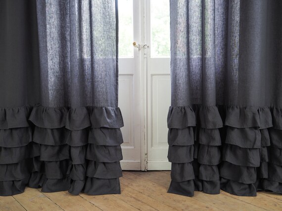 Linen Ruffled Curtain Panel Linen Shower Curtain Bathroom Etsy