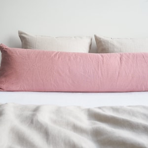 Linen body pillow pillowcase in dusty pink. Pillowcase for a long pillow made from 100% stonewashed linen.
