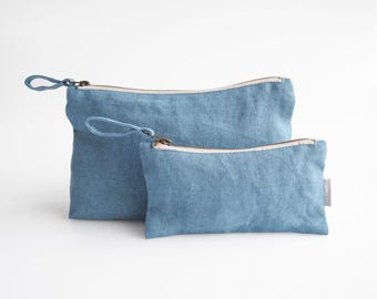 Linen makeup storage. handmade linen makeup bag in dusty blue color.