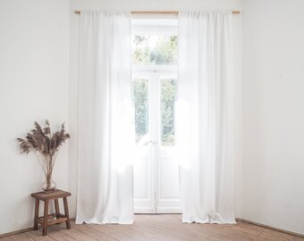 Pure white rod pocket heavy linen (280 g/m2) curtain panel made of stonewashed linen / 1 pcs