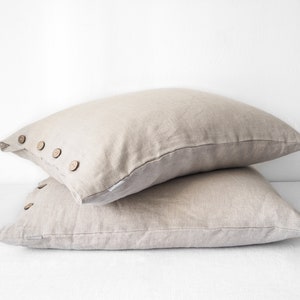 Natural linen pillow case with coconut buttons, natural linen cover to linen bedding set.