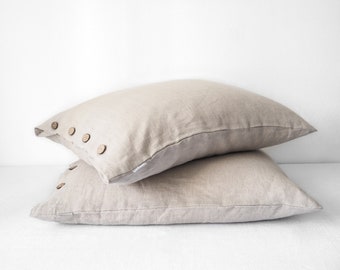 Natural linen pillow case with coconut buttons, natural linen cover to linen bedding set.