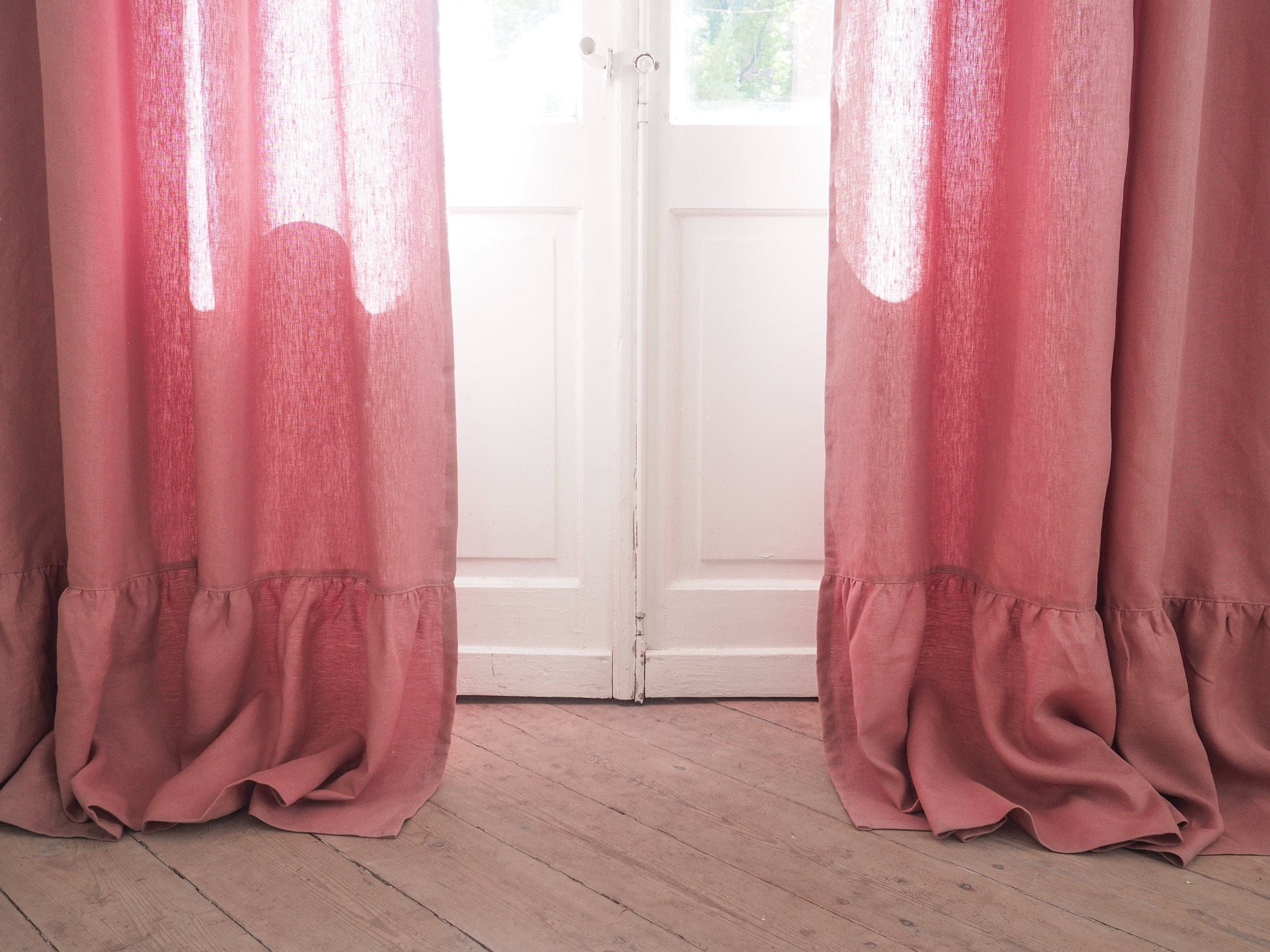 Dusty Pink Heavy Linen Curtain Panel with Ruffle Valance