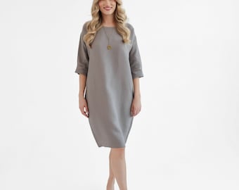 Simple tunic dress in true gray color. linen dress peony.