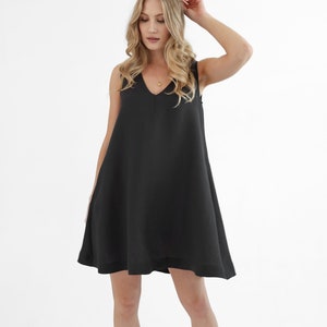Elegant linen mini dress in deep black color. Linen dress dahlia.