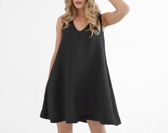 Black Linen Mini Dress, Sleeveless A-Line, Boho Outfit