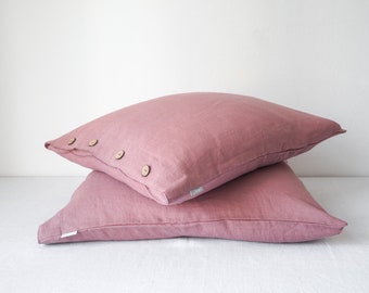 Handmade Linen Pillowcase, Dusty Pink with Coconut Buttons