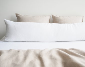 Linen body pillow pillowcase in pure white. Pillowcase for a long pillow made from 100% stonewashed linen.