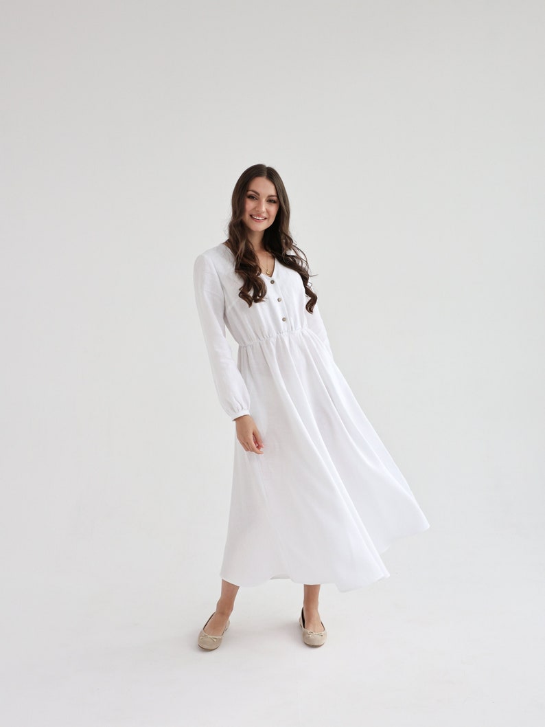 Boho linen dress in pure white color. linen dress camellia. image 6