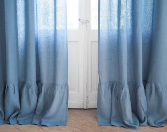 Boho stoffig blauw linnen gordijnpaneel, ruches, aangepast formaat
