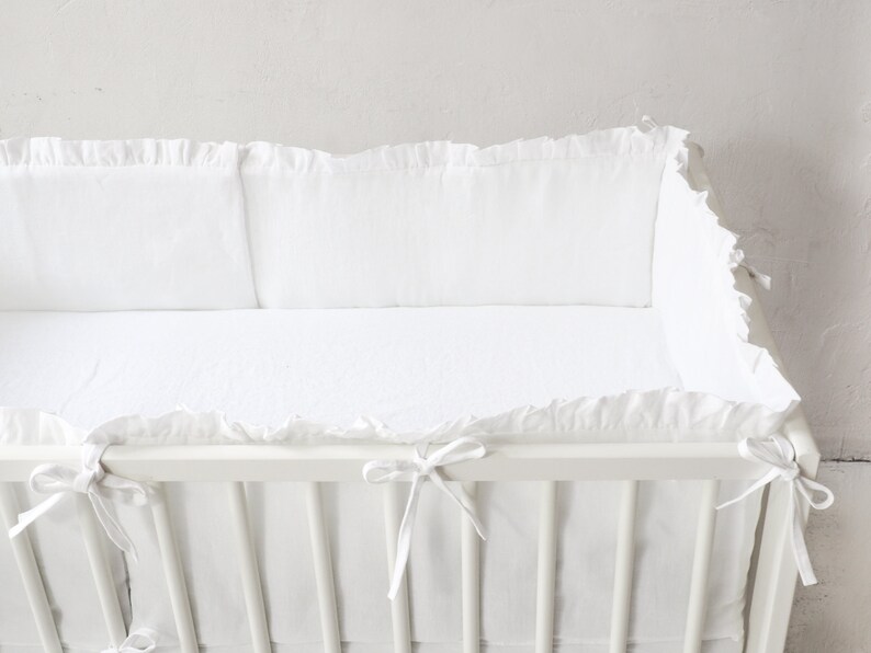 White crib bedding. White linen crib bumper. Boy crib bedding. Etsy