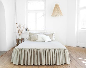 Natural linen coverlet. linen bedskirt. linen dust ruffle. gathered bedskirt.